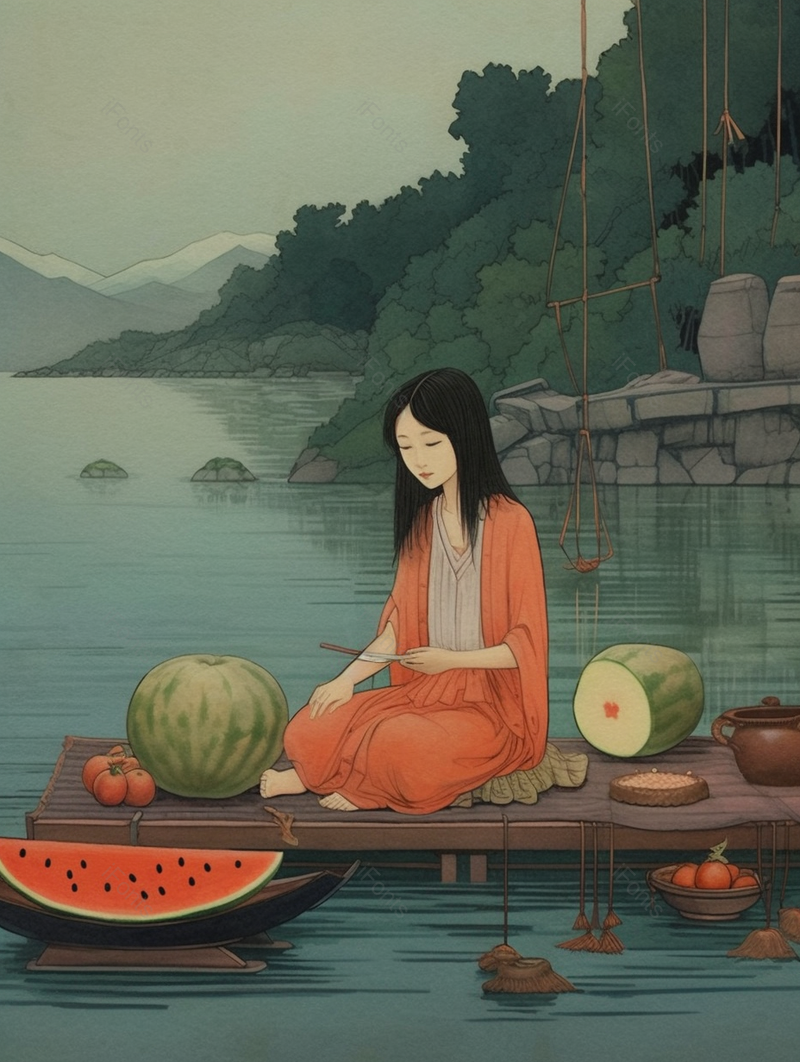 绿色夏季池塘边吃西瓜的少女插画,插画/手绘图,插画/手绘图库,插画/手绘图下载,插画/手绘